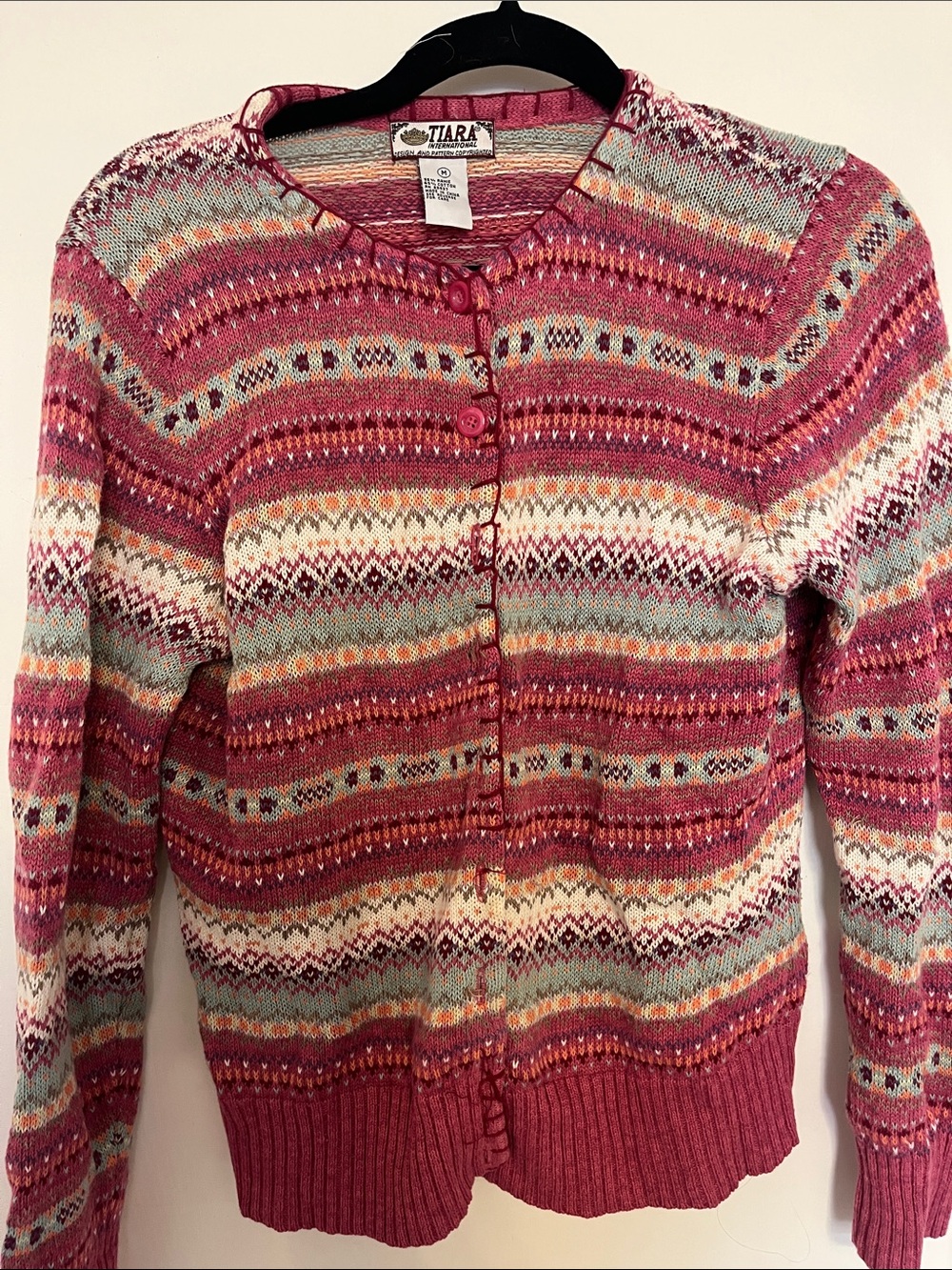 Vintage Tiara international pink and Multi-Stripe Fair Isle Cardigan